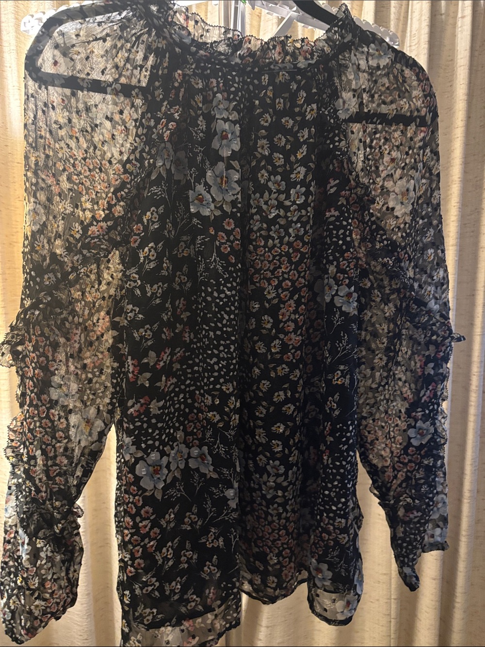 LOFT Black Sheer Floral Ruffle Blouse
